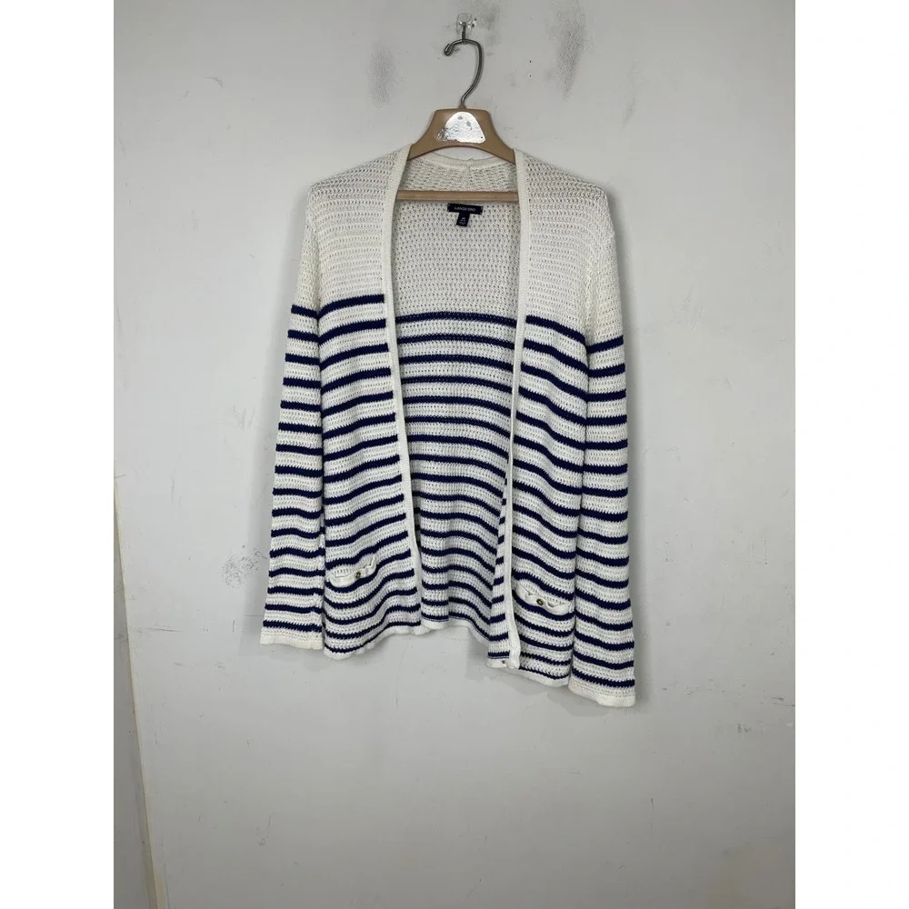 Lands‎ End Womens Medium White Navy Blue Striped Linen Cotton Cardigan Sweater